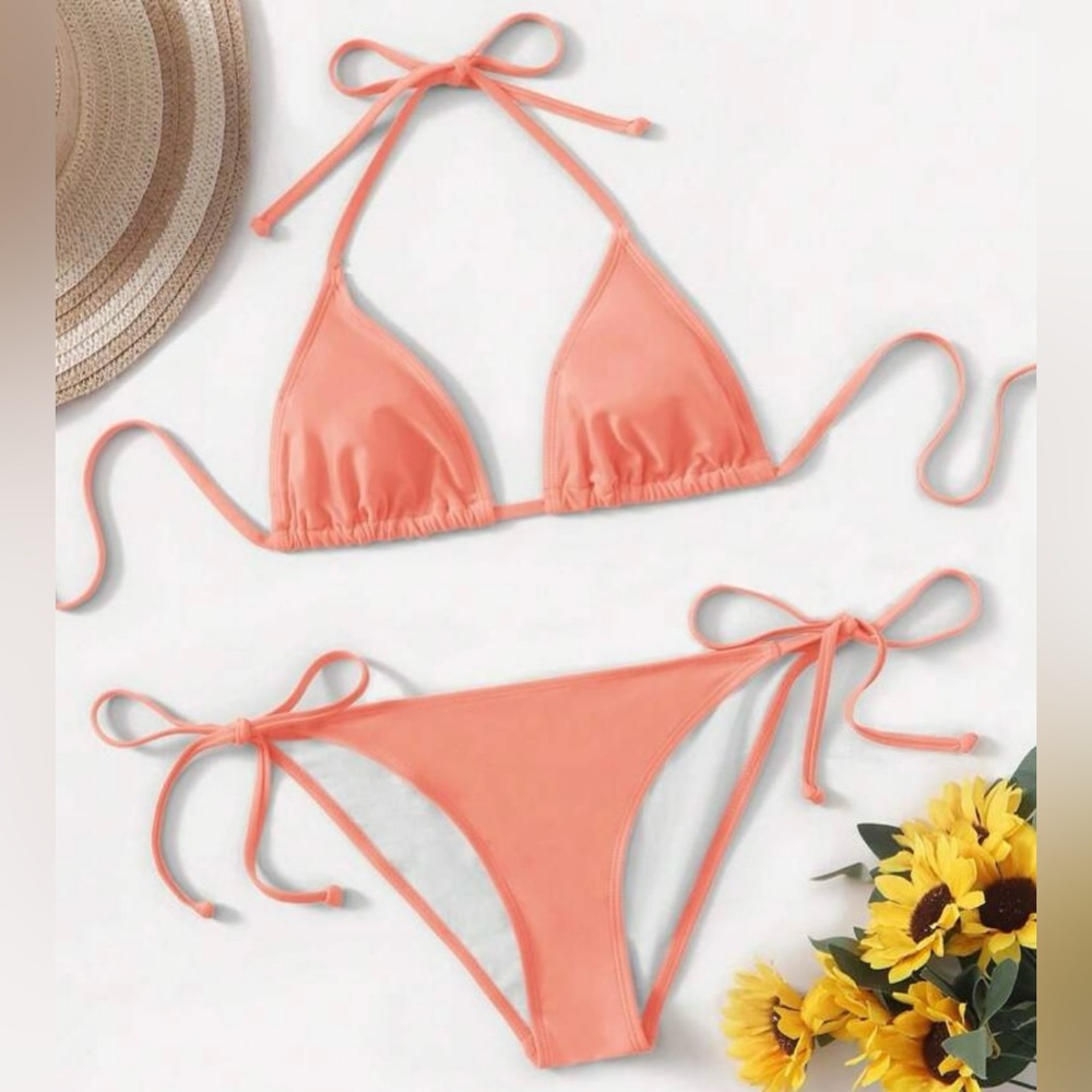 SHEIN Triangle Ruched Bottom Bikini Set, Coral Orange, Size M, NWT